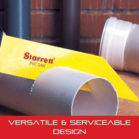 Pro Grade PVC Saw With 12 Inch Blade And Level Vial cutting through PVC pipe, yellow blade, versatile design, heavy duty DIY tool.