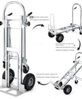 Heavy-Duty Aluminum Hand Truck Dolly With Convertible Two-In-One Design And Pneumatic Wheels For Easy Moving Quickly Switch To Platform Cart Make Moving Heavy Loads A Breeze Rugged Durable Versatile Use, shown in hand truck and cart form