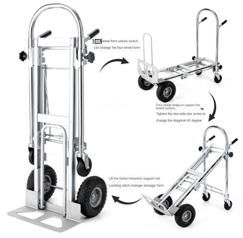 Heavy-Duty Aluminum Hand Truck Dolly With Convertible Two-In-One Design And Pneumatic Wheels For Easy Moving Quickly Switch To Platform Cart Make Moving Heavy Loads A Breeze Rugged Durable Versatile Use, shown in hand truck and cart form