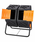 Dual Chamber Tumbler Compost Bin 37 Gallon Outdoor Rotating Bin With Sliding Doors And Steel Frame shown with open doors.