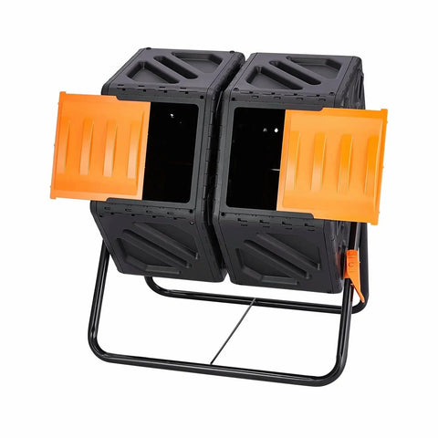 Dual Chamber Tumbler Compost Bin 37 Gallon Outdoor Rotating Bin With Sliding Doors And Steel Frame shown with open doors.