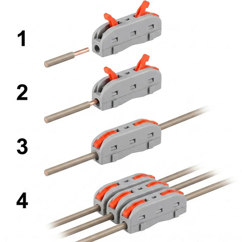 Huge 50 Piece Pack Of Lever Wire Connectors With Push In Tech For Super Easy Tool Free Hook Ups And Fast One to Inline Splicing On Wires From 28 To 12 Awg That Are Totally Reusable Durable Orange And Gray Colors Galore. 4-step gray-orange connector use