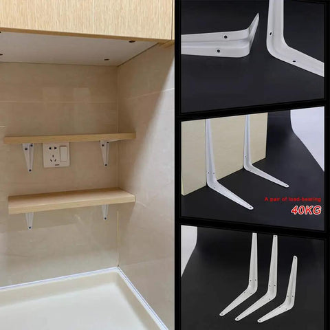 Heavy Duty L Shaped Shelf Brackets Set Of Four Built Like A Tank Rock Solid Metal Corner Supports For Wall Mounted Shelving, showing white wrought iron braces with shelves.