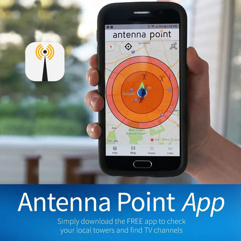 Hand holding smartphone displaying Antenna Point app, useful for ClearStream 4V Indoor Outdoor TV Antenna With 70+ Mile Range.