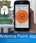 Person using phone to locate signals for Multi Directional Indoor Outdoor TV Antenna With 60 Plus Mile Range UHF VHF Reflector.