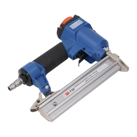 Pro Grade Pneumatic Brad Nailer 18 Gauge Air Powered Nail Gun Made For Woodworking Hustlers with metal rail and blue handle.