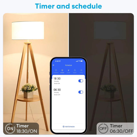 Smart WiFi Bulb Socket E26 2 Pack With Voice Control And Phone App Control showing timer schedule on smartphone
