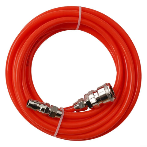Built Tough Air Compressor Hose With Polyurethane Tubing And C Type Quick Connect Fittings Flexible Pneumatic Air Line coiled and ready to use.