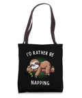 Black sloth themed tote bag with 'I'd Rather Be Napping' text, featuring a sloth graphic; 16x16 inch size, for nap lovers.