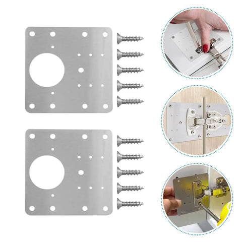 Stainless Steel Cabinet Door Hinge Repair Plates Six Pack With Screws For Quiet Soft Close And No Slam Kitchen Cupboard Doors In Home And Office Use Anywhere, screws included, installation shown in close-ups.