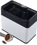 Automatic Electric Coffee Grounds Cleaner With Dual Spin Brushes And Knock Box No Sweat Portafilter Cleanup Fast 340 RPM shown with brush and portafilter.