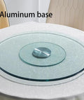 Top Shelf Heavy Duty Tempered Glass Lazy Susan Turntable with aluminum base on a dining table for smooth serving.