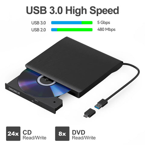 Dope External CD DVD Drive for Laptop USB 3.0 CD ROM DVD RW Burner Plug and Play No Driver Needed Portable Optical Drive for Mac and Windows with USB C and USB A Cable, black USB 3.0 drive with USB-C and USB-A connectors