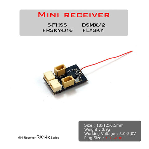 Mini receiver for indoor RC airplane setup, 18x12x6.5mm, with multiple connectors for easy integration.