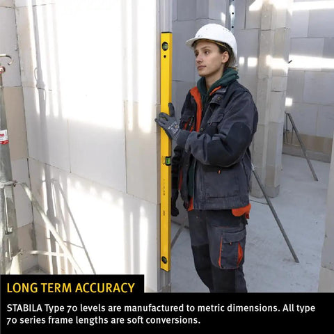 48 Inch Heavy Duty Aluminum Spirit Level Featuring Dead On Accuracy A Slick Aluminum Body And Leak Free Vials For Smooth Layout Work held by a worker.
