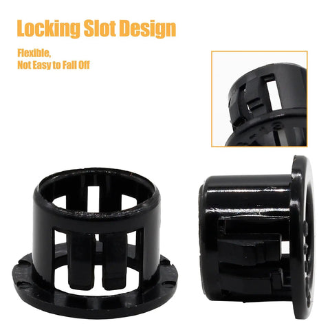 60 Pack 1/2 Inch Snap In Cable Bushing Grommets in black nylon locking housings showing locking slot design