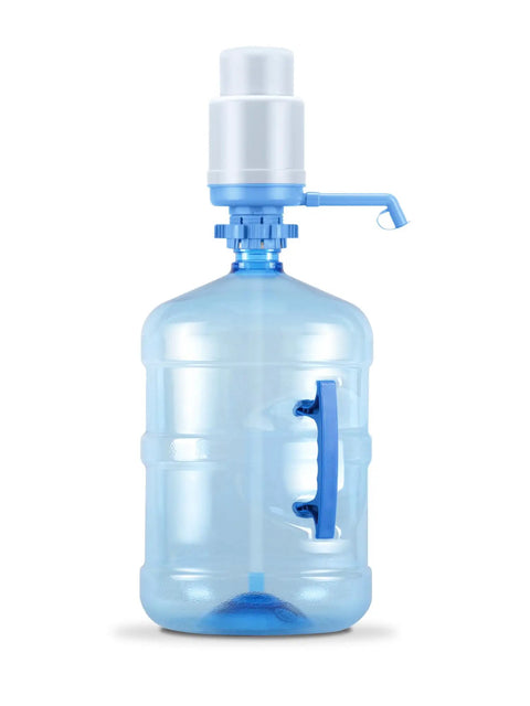 Universal Manual Drinking Water Pump For 3 To 5 Gallon Bottles With Adjustable Tubing And Durable Cylinder Case Easy To Use No Fuss Bottle Pump attached to a water bottle.