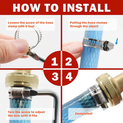 Installation steps for 202 Piece Hose Clamp Assortment Kit With Adjustable Stainless Steel Worm Gear Clamps on tubing.