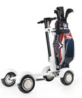 Knock Out The Course With This Slick Four Wheel Electric Golf Cart Powered By A Beefy 1000W Motor And 10 Inch High Grip Tires That Folds Flat For Trunk Storage Plus A Tough Rolling Bag Holder And Swap Out Battery For All Day Cruising, with a golf bag attached.