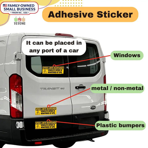 Two Pack Reflective Vehicle Speed Monitored by GPS Safety Stickers 10x3.5 Inches on van bumper and window