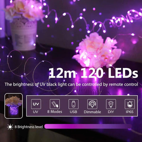 40 Foot LED UV Black Light System With 120 UV LEDs 8 Modes Flexible String Fixtures glowing in dark room with flowers