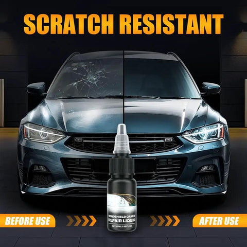 Ultimate Windshield Repair Kit For Chips And Cracks 2025 Upgrade With Nano Fluid Filler bottle in front of windshield before and after repair