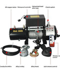Heavy Duty Electric Hoist With 4500 Lb Capacity For 12 24V Motor Vehicle Recovery And Warehouse Work showing copper motor and steel wire rope.