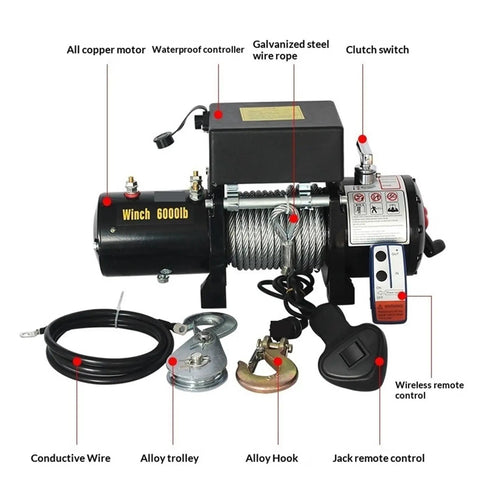 Heavy Duty Electric Hoist With 4500 Lb Capacity For 12 24V Motor Vehicle Recovery And Warehouse Work showing copper motor and steel wire rope.