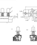 Technical drawing of Five Button Range Hood Switch Kit MQ165 Piano Type Key Board Switches 250V 4A with interlock and reset features.