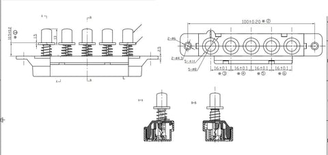 Technical drawing of Five Button Range Hood Switch Kit MQ165 Piano Type Key Board Switches 250V 4A with interlock and reset features.