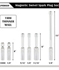 Beefy Magnetic Swivel Spark Plug Socket Set, Three Eighths Inch Drive, Thin Wall 12 Point CR V Steel, 6 Piece Kit with 14mm and 5/8 sockets.