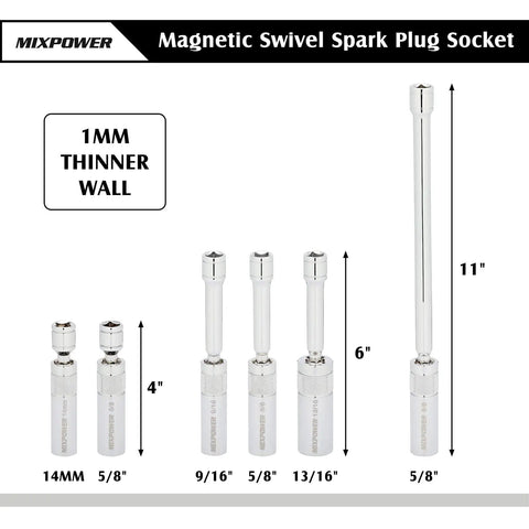 Beefy Magnetic Swivel Spark Plug Socket Set, Three Eighths Inch Drive, Thin Wall 12 Point CR V Steel, 6 Piece Kit with 14mm and 5/8 sockets.