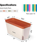 Self Watering Planters 6 Pack 10.5 Inch Rectangular Window Herb Planter Box With 10 Plant Labels Indoor Outdoor No Fuss Plant Container For Basil Flowers Succulents Two Layer Self Watering System Easy Moisture Control, showing size and label colors.