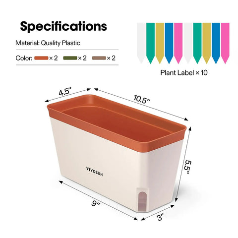 Self Watering Planters 6 Pack 10.5 Inch Rectangular Window Herb Planter Box With 10 Plant Labels Indoor Outdoor No Fuss Plant Container For Basil Flowers Succulents Two Layer Self Watering System Easy Moisture Control, showing size and label colors.