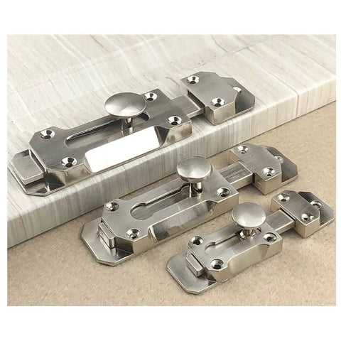 Top Shelf Zinc Alloy Sliding Bolt Door Latch set in a smooth bronze finish, showcasing three sizes for patio or barn doors.