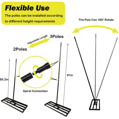 Rugged 30 Inch By 10 Inch Lawn Leveling Rake With Adjustable Long Handle And High Carbon Steel Blade demonstrating pole installation.