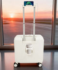 18 Inch Underseat Carry On Luggage With USB Port And Password Lock Hard Shell Rolling Suitcase at airport with phone charging.