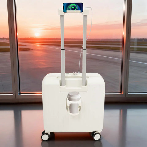 18 Inch Underseat Carry On Luggage With USB Port And Password Lock Hard Shell Rolling Suitcase at airport with phone charging.