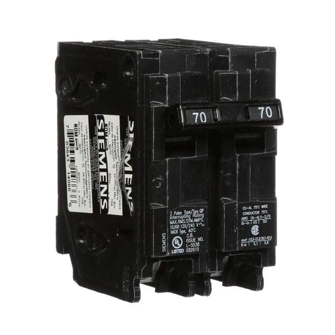 70 Amp Double Pole Type QP Circuit Breaker For 240V Systems With 10,000 AIC, Insta-Wire Ready, Easy Plug In Connection