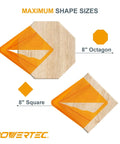 Front view of two POWERTEC plastic center finder tools for 8-inch octagon and 8-inch square shapes with orange insert.