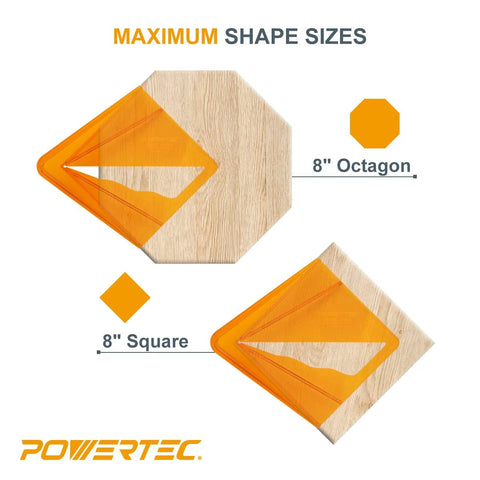 Front view of two POWERTEC plastic center finder tools for 8-inch octagon and 8-inch square shapes with orange insert.