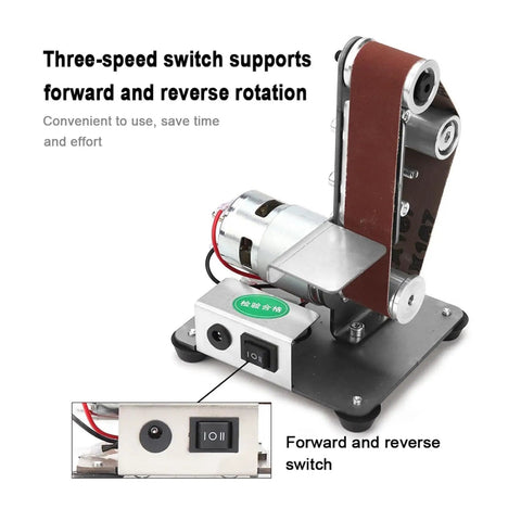 Mini electric belt sander with three-speed switch for forward and reverse rotation, designed for precision sanding and polishing.
