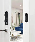 4 Pack 180 Degree Flip Sliding Barn Door Latches Stainless Steel Gate Locks Matte Black on a White Door in Living Room