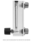 Side view of Go-To Adjustable Panel Mount Gas Flow Meter For Welding, brass BSP fittings, clear acrylic body, regulator style gauge.