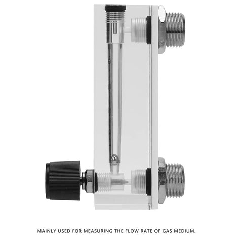 Side view of Go-To Adjustable Panel Mount Gas Flow Meter For Welding, brass BSP fittings, clear acrylic body, regulator style gauge.