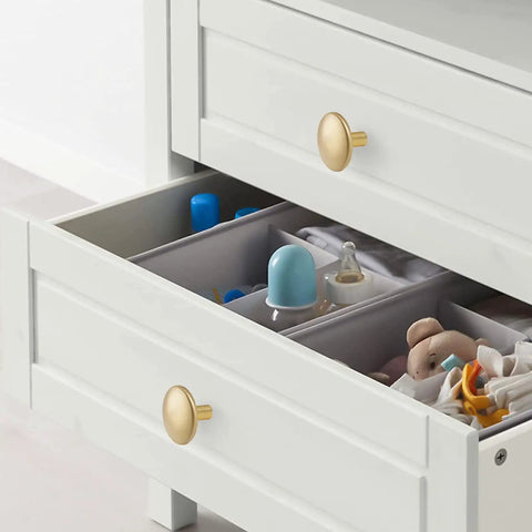 Six Pack 1.65 Inch Round Gold Cabinet Knobs With Brushed Finish Oversize Pulls For Drawers Dressers Closets Cabinets Great For Replacing Dresser Knobs And Cabinet Hardware Easy To Install on a white dresser drawer