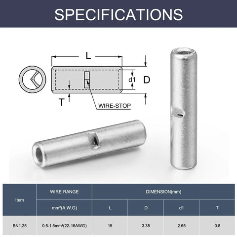 Non Insulated Butt Connectors BN1.25 Kit, 120 Pieces For 16 To 22 AWG Wire, Copper 0.8mm Thickness, Durable Crimp Terminals, Handy Automotive Electrical Connectors