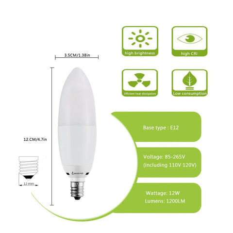 Bright 12W LED Candelabra Bulbs 6000K Torpedo Shape, 1200 Lumens, 85 To 100W Equivalent, E12 Base diagram