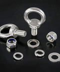 Image of Heavy Duty M14 Eye Bolt Set In 304 Stainless Steel With Lock Nuts, Lock Washers, And Flat Washers for lifting and securing projects.