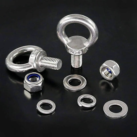 Image of Heavy Duty M14 Eye Bolt Set In 304 Stainless Steel With Lock Nuts, Lock Washers, And Flat Washers for lifting and securing projects.